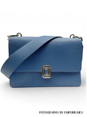 Luana Blue Leather Shoulder Bag Adjustable Strap Structured Flap Handbag 0239